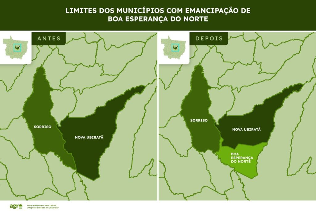 mapa mostra limites dos municípios de nova ubiratã e sorriso, com emancipação de Boa esperança do norte